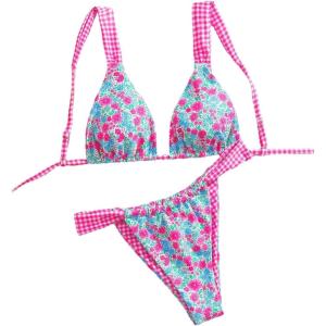 imageWomens 2 Piece Floral Tropical Print Bikini Set Boho Triangle Bathing Suit Tie Backless Swimsuit SetsPink Blue