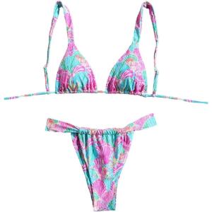 imageWomens 2 Piece Floral Tropical Print Bikini Set Boho Triangle Bathing Suit Tie Backless Swimsuit SetsPink and Blue