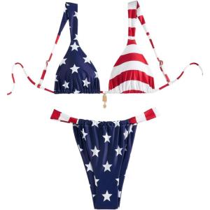 imageWomens 2 Piece Floral Tropical Print Bikini Set Boho Triangle Bathing Suit Tie Backless Swimsuit SetsRed Blue