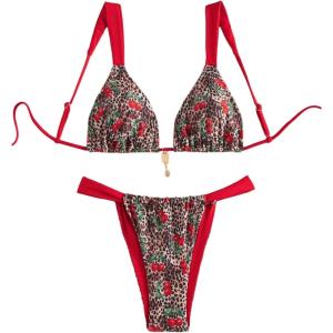 imageWomens 2 Piece Floral Tropical Print Bikini Set Boho Triangle Bathing Suit Tie Backless Swimsuit SetsRed Leopard