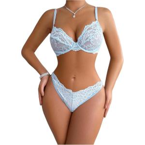 imageWomens 2 Piece Lingerie Set Floral Mesh Push Up Lace Bralette Babydoll Lingerie Bra and Panty SetsLight Blue