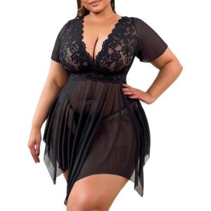 imageWomens 2 Piece Lingerie Set Plus Size Lace Sheer Mesh Bralettes Black Sleep Dress with Thongs SetBlack