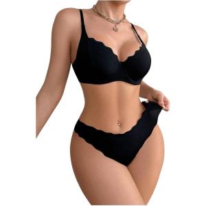 imageWomens 2 Piece Lingerie Sets Scallop Trim Lightly Lined Underwire Bra and Low Rise Briefs UnderwearBlack