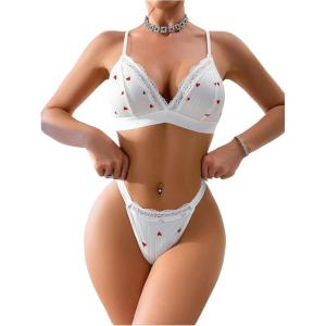 imageWomens 2 Piece Lingerie Sets Scallop Trim Lightly Lined Underwire Bra and Low Rise Briefs UnderwearHeart White