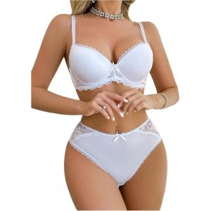 imageWomens 2 Piece Lingerie Sets Scallop Trim Lightly Lined Underwire Bra and Low Rise Briefs UnderwearWhite