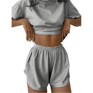 imageWomens 2 Piece Pajama Set Stripe Short Sleeve Crewneck Crop Lounge Shorts Set Soft SleepwearBlack