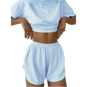 imageWomens 2 Piece Pajama Set Stripe Short Sleeve Crewneck Crop Lounge Shorts Set Soft SleepwearBlue