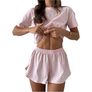 imageWomens 2 Piece Pajama Set Stripe Short Sleeve Crewneck Crop Lounge Shorts Set Soft SleepwearCoral Pink