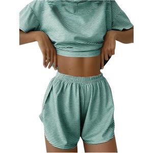 imageWomens 2 Piece Pajama Set Stripe Short Sleeve Crewneck Crop Lounge Shorts Set Soft SleepwearDark Green