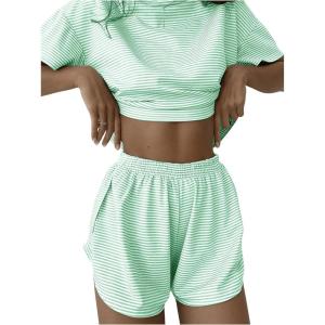 imageWomens 2 Piece Pajama Set Stripe Short Sleeve Crewneck Crop Lounge Shorts Set Soft SleepwearGreen