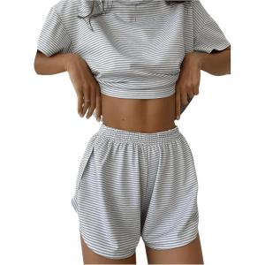 imageWomens 2 Piece Pajama Set Stripe Short Sleeve Crewneck Crop Lounge Shorts Set Soft SleepwearGrey