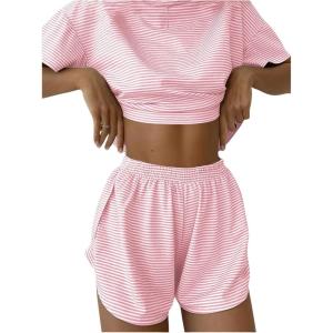 imageWomens 2 Piece Pajama Set Stripe Short Sleeve Crewneck Crop Lounge Shorts Set Soft SleepwearLight Pink