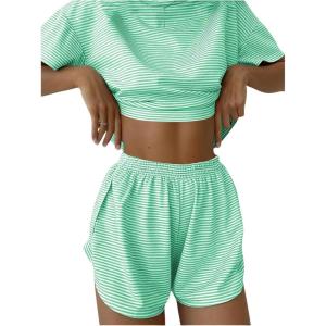 imageWomens 2 Piece Pajama Set Stripe Short Sleeve Crewneck Crop Lounge Shorts Set Soft SleepwearLime Green