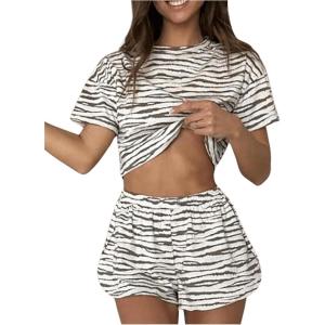 imageWomens 2 Piece Pajama Set Stripe Short Sleeve Crewneck Crop Lounge Shorts Set Soft SleepwearMocha Brown White
