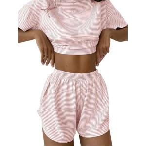 imageWomens 2 Piece Pajama Set Stripe Short Sleeve Crewneck Crop Lounge Shorts Set Soft SleepwearPink