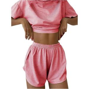 imageWomens 2 Piece Pajama Set Stripe Short Sleeve Crewneck Crop Lounge Shorts Set Soft SleepwearRed