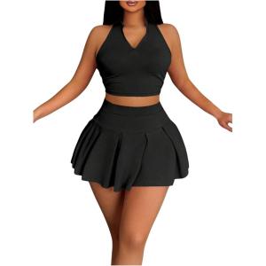 imageWomens 2 Piece Tennis Skirt Set Sleeveless Racerback Crop Tank Tops High Waisted Pleated Mini Skirt OutfitsBlack