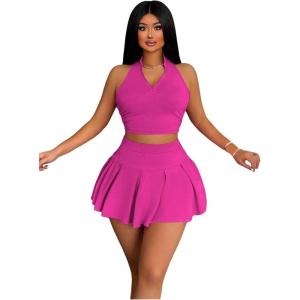 imageWomens 2 Piece Tennis Skirt Set Sleeveless Racerback Crop Tank Tops High Waisted Pleated Mini Skirt OutfitsBright Pink