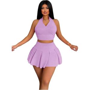 imageWomens 2 Piece Tennis Skirt Set Sleeveless Racerback Crop Tank Tops High Waisted Pleated Mini Skirt OutfitsLight Purple