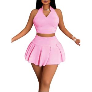 imageWomens 2 Piece Tennis Skirt Set Sleeveless Racerback Crop Tank Tops High Waisted Pleated Mini Skirt OutfitsPink