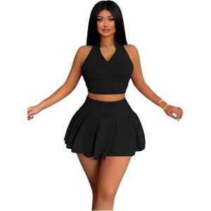 imageWomens 2 Piece Tennis Skirt Set Sleeveless Racerback Crop Tank Tops High Waisted Pleated Mini Skirt OutfitsPure Black