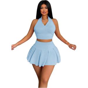 imageWomens 2 Piece Tennis Skirt Set Sleeveless Racerback Crop Tank Tops High Waisted Pleated Mini Skirt OutfitsPure Blue