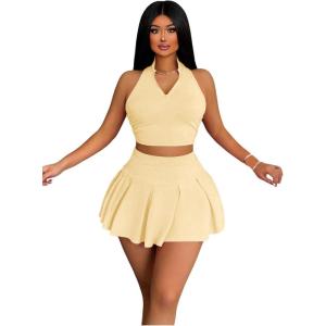 imageWomens 2 Piece Tennis Skirt Set Sleeveless Racerback Crop Tank Tops High Waisted Pleated Mini Skirt OutfitsPure Yellow