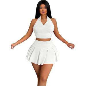 imageWomens 2 Piece Tennis Skirt Set Sleeveless Racerback Crop Tank Tops High Waisted Pleated Mini Skirt OutfitsWhite