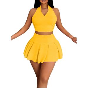 imageWomens 2 Piece Tennis Skirt Set Sleeveless Racerback Crop Tank Tops High Waisted Pleated Mini Skirt OutfitsYellow