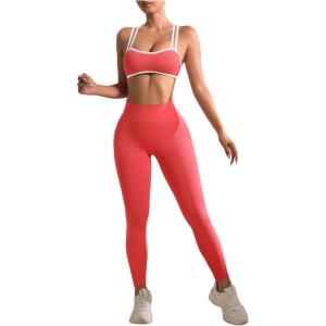 imageWomens 2 Piece Workout Tracksuits Set Crisscross Strappy Sports Bra and Tummy Control LeggingsCoral Pink