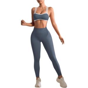 imageWomens 2 Piece Workout Tracksuits Set Crisscross Strappy Sports Bra and Tummy Control LeggingsDark Grey