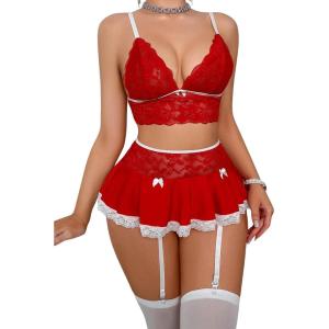 imageWomens 3 Piece Lingerie Set Floral Lace Bow Garter Babydoll Lingerie Skirt SetRed