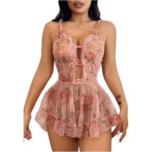 imageWomens Babydoll Lingerie Floral Mesh Frill Ruffle Babydoll Lingerie Dress Chemise NightgownPink