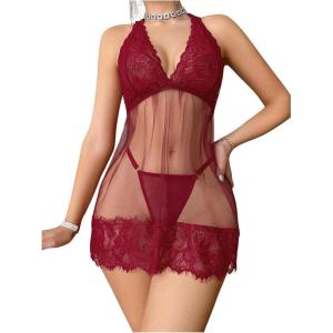 imageWomens Babydoll Lingerie for Women Halter Mesh Thong Lace Chemise Nightgowns Teddy Nighty SleepwearBurgundy