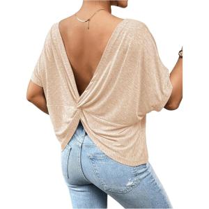 imageWomens Backless Twist Knot T Shirt Oversized Solid Short Sleeve Tees Open Back Asymmetrical Hem Casual TopsApricot