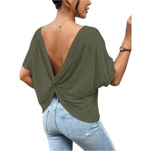 imageWomens Backless Twist Knot T Shirt Oversized Solid Short Sleeve Tees Open Back Asymmetrical Hem Casual TopsArmy Green