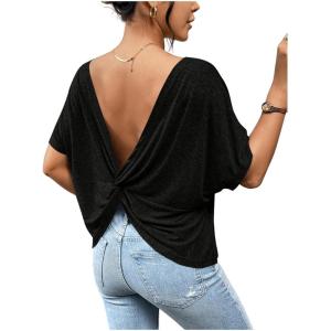 imageWomens Backless Twist Knot T Shirt Oversized Solid Short Sleeve Tees Open Back Asymmetrical Hem Casual TopsBlack