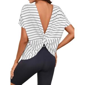 imageWomens Backless Twist Knot T Shirt Oversized Solid Short Sleeve Tees Open Back Asymmetrical Hem Casual TopsBlack and White