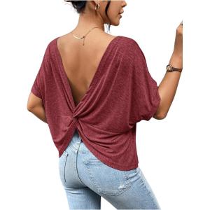 imageWomens Backless Twist Knot T Shirt Oversized Solid Short Sleeve Tees Open Back Asymmetrical Hem Casual TopsBurgundy