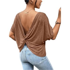imageWomens Backless Twist Knot T Shirt Oversized Solid Short Sleeve Tees Open Back Asymmetrical Hem Casual TopsCoffee Brown