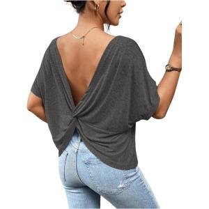 imageWomens Backless Twist Knot T Shirt Oversized Solid Short Sleeve Tees Open Back Asymmetrical Hem Casual TopsDark Grey