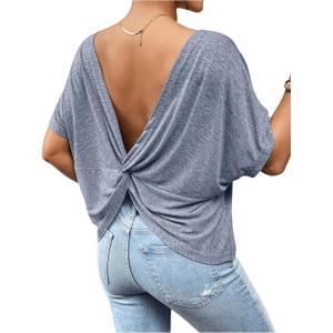 imageWomens Backless Twist Knot T Shirt Oversized Solid Short Sleeve Tees Open Back Asymmetrical Hem Casual TopsDusty Blue