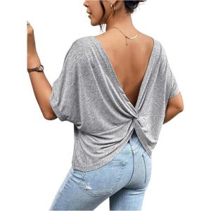 imageWomens Backless Twist Knot T Shirt Oversized Solid Short Sleeve Tees Open Back Asymmetrical Hem Casual TopsGrey