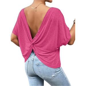 imageWomens Backless Twist Knot T Shirt Oversized Solid Short Sleeve Tees Open Back Asymmetrical Hem Casual TopsHot Pink