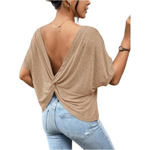imageWomens Backless Twist Knot T Shirt Oversized Solid Short Sleeve Tees Open Back Asymmetrical Hem Casual TopsKhaki