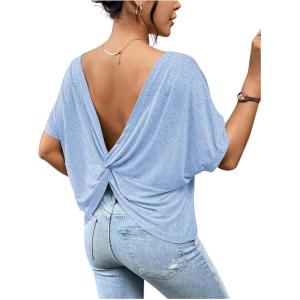 imageWomens Backless Twist Knot T Shirt Oversized Solid Short Sleeve Tees Open Back Asymmetrical Hem Casual TopsLight Blue