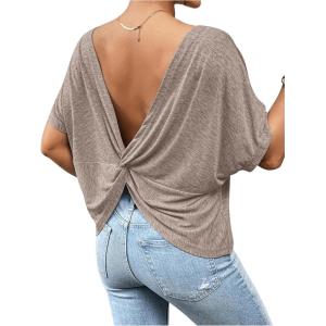 imageWomens Backless Twist Knot T Shirt Oversized Solid Short Sleeve Tees Open Back Asymmetrical Hem Casual TopsMocha Brown