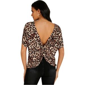 imageWomens Backless Twist Knot T Shirt Oversized Solid Short Sleeve Tees Open Back Asymmetrical Hem Casual TopsMulticolor
