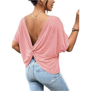 imageWomens Backless Twist Knot T Shirt Oversized Solid Short Sleeve Tees Open Back Asymmetrical Hem Casual TopsPink