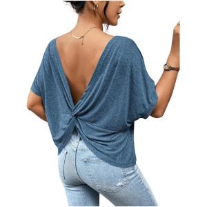 imageWomens Backless Twist Knot T Shirt Oversized Solid Short Sleeve Tees Open Back Asymmetrical Hem Casual TopsSolid Blue